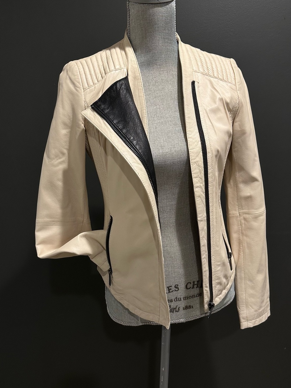 Zara Cream Genuine Leather Moto Jacket with Black Trim Accents